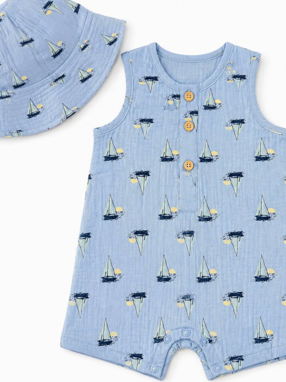 NWT Baby Essentials 2-Piece Romper & Sun Hat Set 18M Toddler Boy Sailboat Summer